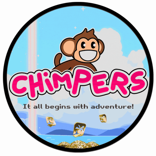 A Logo For Chimpers Shows A Monkey And The Words It All Begins With Adventure GIF