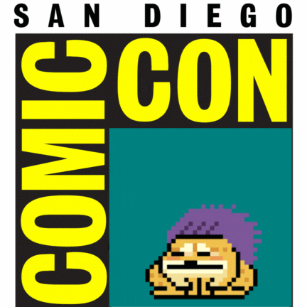 A Logo For Comic Con In San Diego With A Pixelated Character GIF