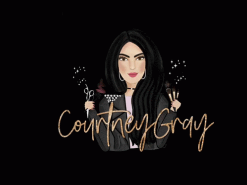 A Logo For Courtney Gray Shows A Woman Holding Scissors And Makeup GIF