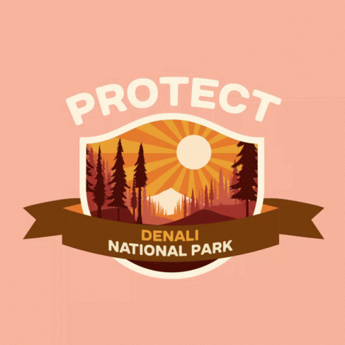 A Logo For Denali National Park With A Shield And Trees On A Pink Background GIF