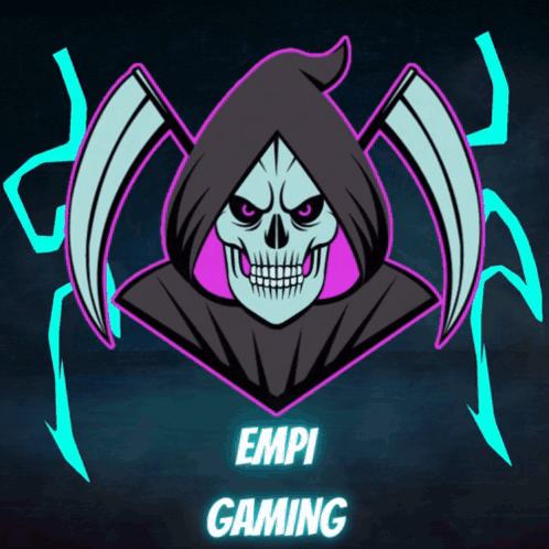 A Logo For Empi Gaming Has A Grim Reaper With Scythes GIF