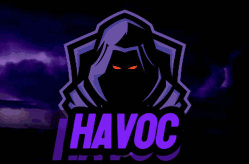 A Logo For Havoc With A Hooded Figure On A Dark Background GIF