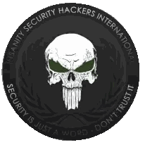 a logo for insanity security hackers international shows a skull with green eyes
