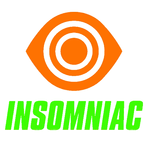 a logo for insomniac shows a green eye with a white circle in the middle