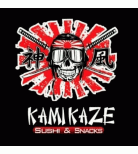 a logo for kamikaze sushi and snacks with a skull wearing a helmet and sunglasses .