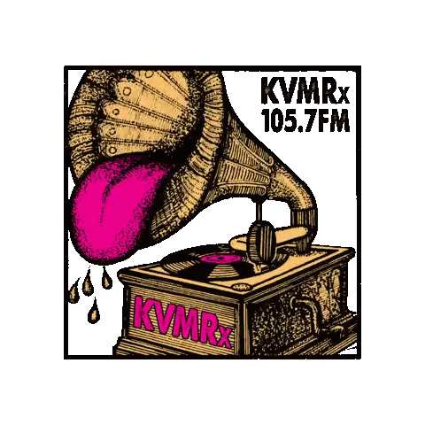 a logo for kvmrx 105.7fm shows a gramophone with a pink tongue sticking out of it