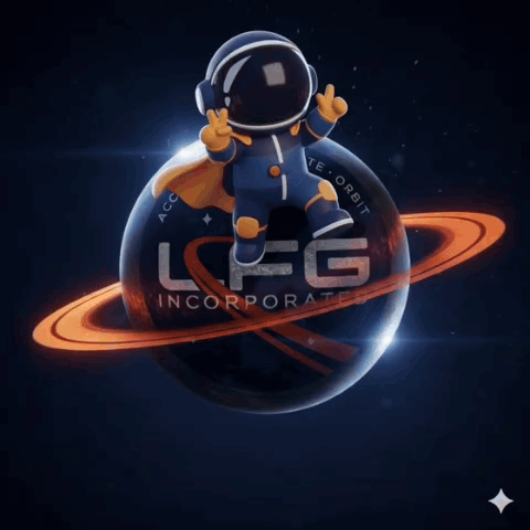 A Logo For Lfg Incorporated With An Astronaut On Top Of It GIF