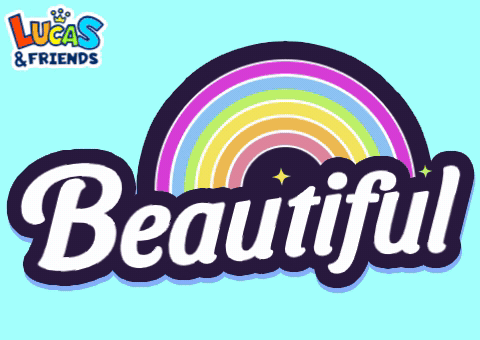 A Logo For Lucas & Friends With A Rainbow And The Word Beautiful GIF