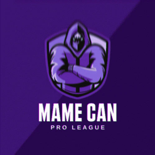 A Logo For Mame Can Pro League With A Hooded Figure On A Purple Background GIF