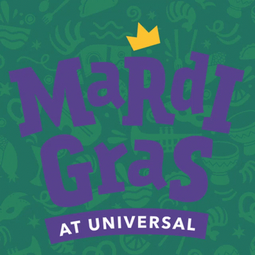A Logo For Mardi Gras At Universal With A Crown On Top GIF