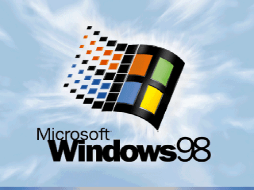 A Logo For Microsoft Windows 98 With A Blue Sky In The Background GIF