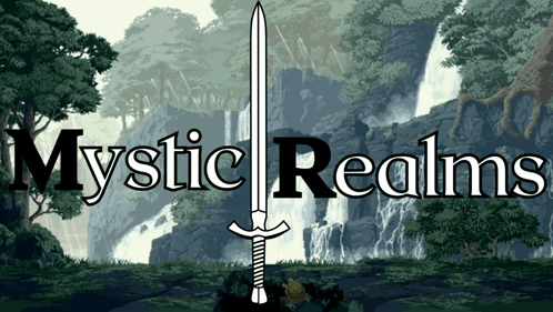 A Logo For Mystic Realms With A Sword In The Middle GIF