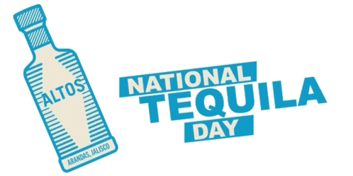 A Logo For National Tequila Day With A Bottle Of Faltos GIF
