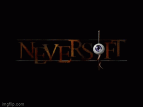 A Logo For Neversoft With An Eye And Sword GIF