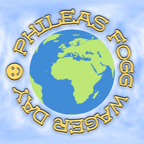 A Logo For Phillips Fogg Day With A Hot Air Balloon In The Middle Of The Earth GIF