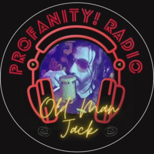A Logo For Profanity Radio With A Man In Headphones GIF