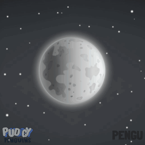 a logo for puddy penguins shows a full moon in the night sky