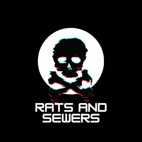 A Logo For Rats And Sewers With A Skull And Crossbones On A Black Background GIF