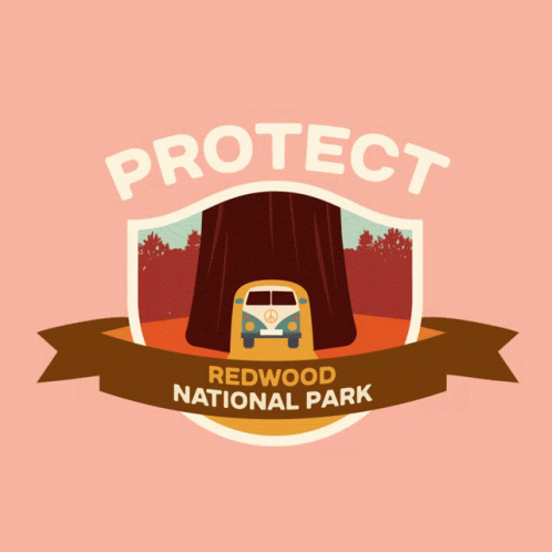 A Logo For Redwood National Park With A Shield And A Hippie Van GIF