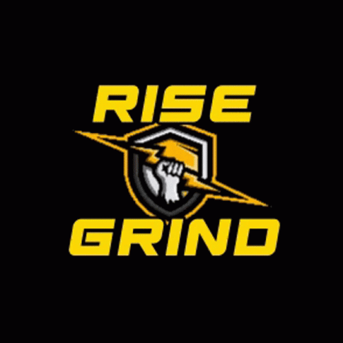 A Logo For Rise Grind With A Lightning Bolt And A Hand GIF