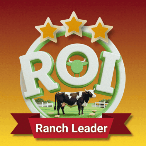 a logo for roi ranch leader with a cow in the middle