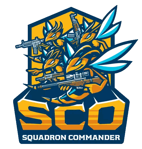 a logo for sco squadron commander shows a dragon holding guns