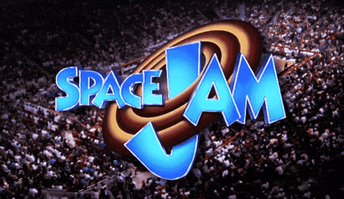 A Logo For Space Jam Is Displayed In Front Of A Crowd GIF