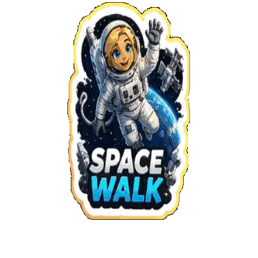 a logo for space walk with a cartoon astronaut