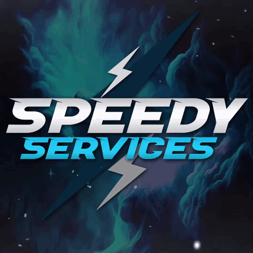 A Logo For Speedy Services With A Lightning Bolt In The Middle GIF