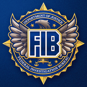 A Logo For The Department Of Justice Federal Investigation Bureau With An Eagle And Scales Of Justice GIF