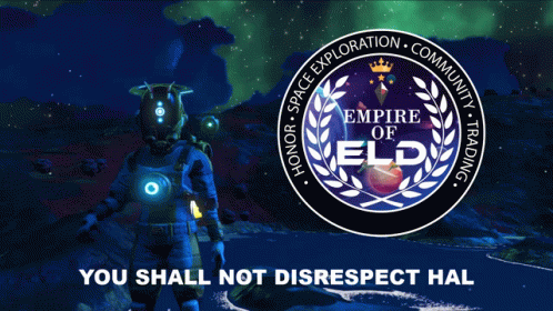 A Logo For The Empire Of Eld With A Man In A Space Suit GIF