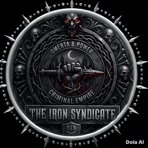A Logo For The Iron Syndicate Has Skulls And Chains Around It GIF