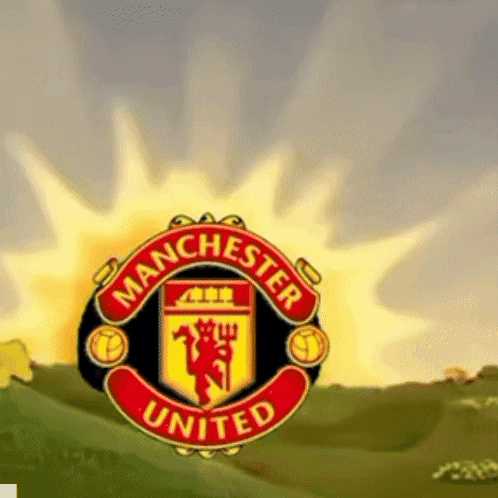 A Logo For The Manchester United Soccer Team With A Sun In The Background GIF