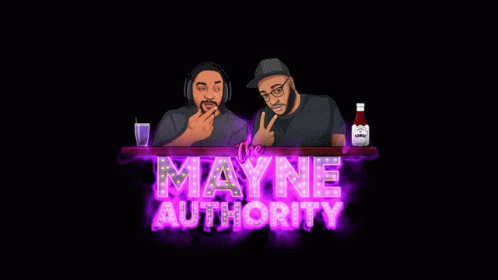 a logo for the mayne authority with two men sitting at a bar
