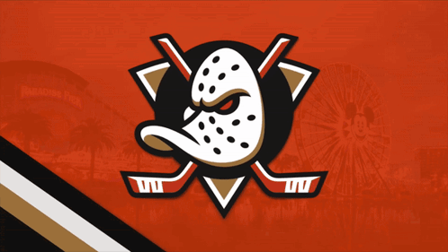 A Logo For The Mighty Ducks Shows A Duck And Two Hockey Sticks GIF