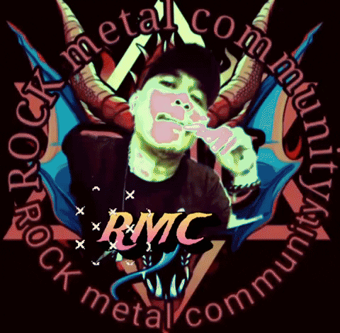 A Logo For The Rmc Metal Community With A Man Smoking A Cigarette GIF