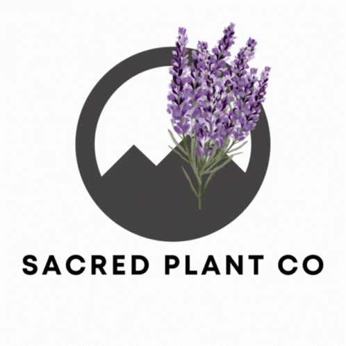 A Logo For The Sacred Plant Co. With Purple Flowers And A Sign That Says Herbs GIF