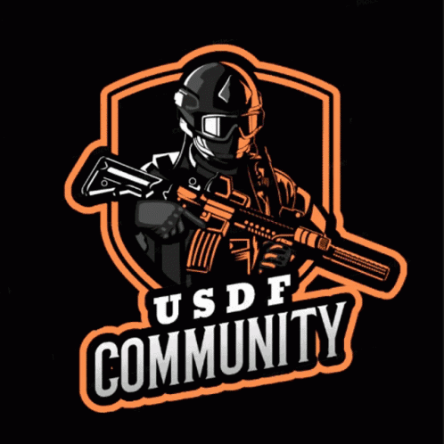 A Logo For The Usdf Community Shows A Man Holding A Gun GIF