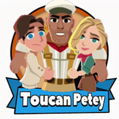A Logo For Toucan Petey Shows A Man And Two Women Standing Next To Each Other GIF