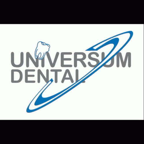 A Logo For Universal Dental With A Tooth And A Blue Circle GIF