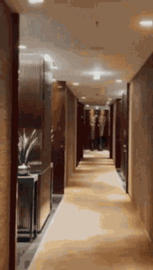 A Long Hallway In A Hotel With A Carpet On The Floor GIF