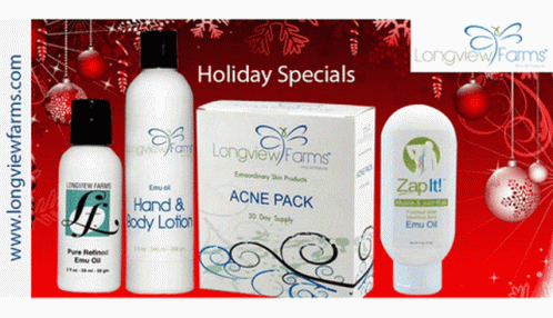 A Longview Farms Advertisement Shows A Hand And Body Lotion And An Acne Pack GIF