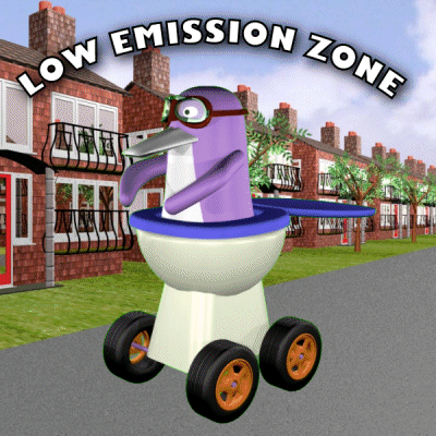 A Low Emission Zone Sign With A Penguin In A Toilet Bowl GIF