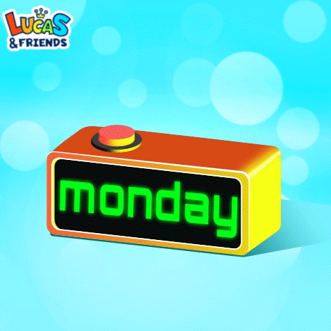 A Lucas And Friends Advertisement With A Button That Says Monday On It GIF