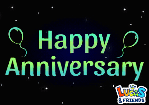A Lucas And Friends Anniversary Greeting Card With Balloons GIF
