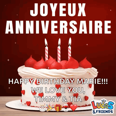A Lucas And Friends Birthday Card With A Cake And Candles GIF
