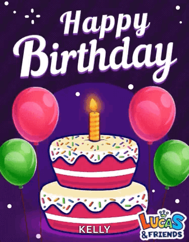 A Lucas And Friends Birthday Card With A Cake With A Candle And Balloons GIF