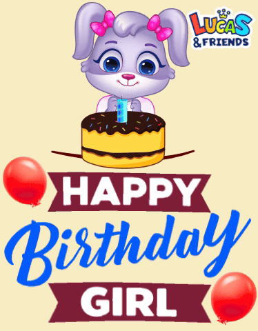 A Lucas And Friends Birthday Card With A Rabbit On A Cake GIF