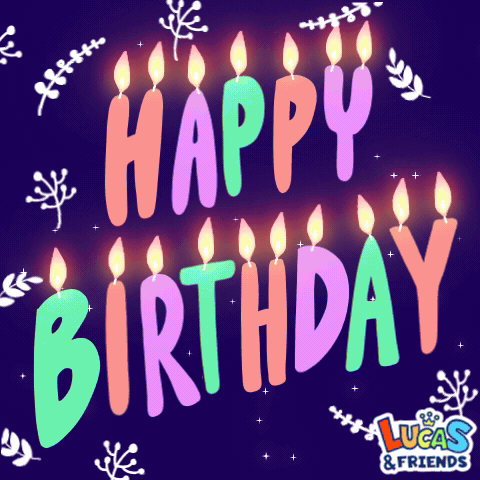 A Lucas And Friends Birthday Card With Candles On It GIF