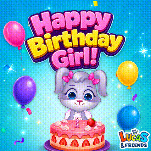 A Lucas And Friends Birthday Greeting Card With A Rabbit On A Cake GIF